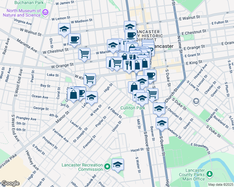 map of restaurants, bars, coffee shops, grocery stores, and more near 419 Saint Joseph Street in Lancaster