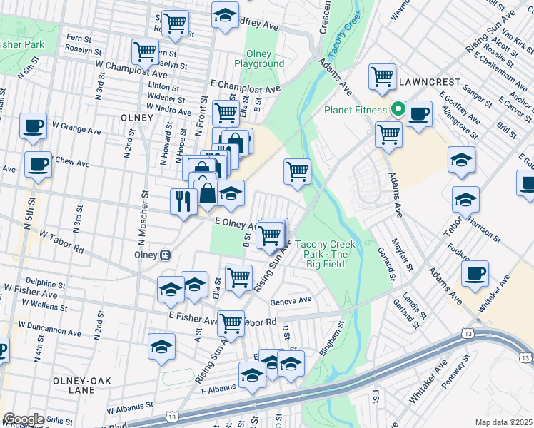 map of restaurants, bars, coffee shops, grocery stores, and more near 5623 Ormes Street in Philadelphia