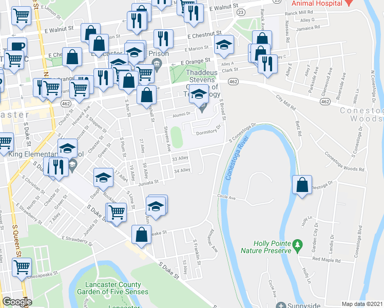 map of restaurants, bars, coffee shops, grocery stores, and more near 305 South Franklin Street in Lancaster