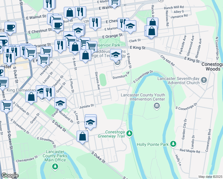 map of restaurants, bars, coffee shops, grocery stores, and more near 305 South Franklin Street in Lancaster
