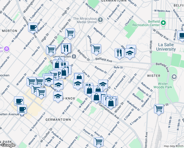 map of restaurants, bars, coffee shops, grocery stores, and more near 123 East Coulter Street in Philadelphia