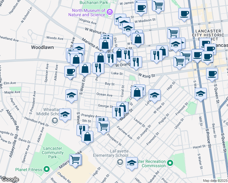 map of restaurants, bars, coffee shops, grocery stores, and more near 634 2nd Street in Lancaster