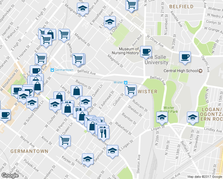 map of restaurants, bars, coffee shops, grocery stores, and more near 5206 Rubicam Street in Philadelphia