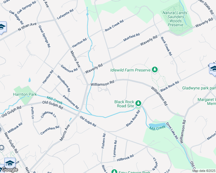 map of restaurants, bars, coffee shops, grocery stores, and more near 716 Williamson Road in Bryn Mawr