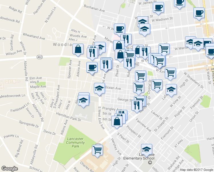 map of restaurants, bars, coffee shops, grocery stores, and more near 841 Ocean Avenue in Lancaster