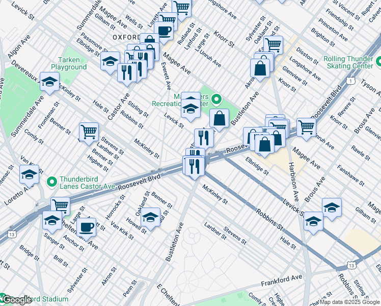 map of restaurants, bars, coffee shops, grocery stores, and more near 6319 Eastwood Street in Philadelphia