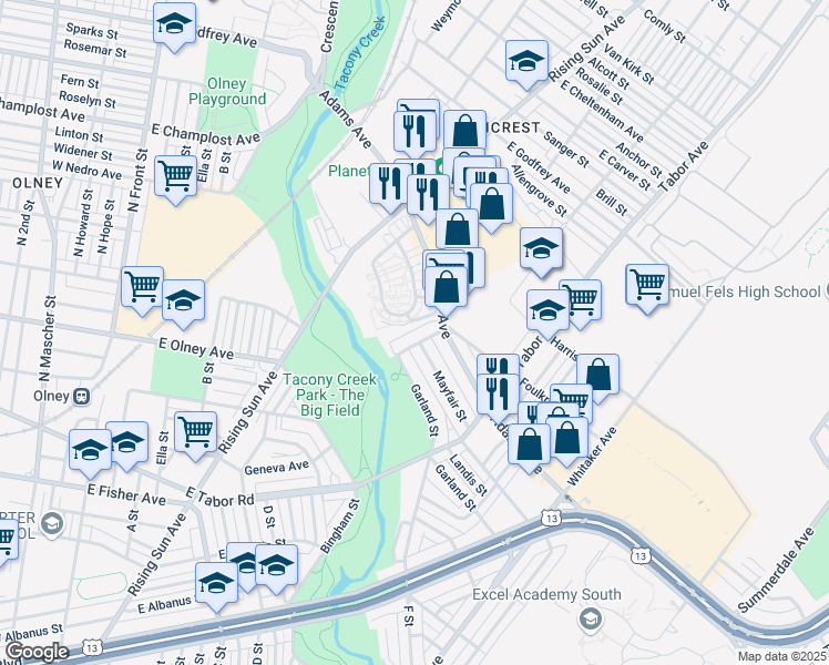 map of restaurants, bars, coffee shops, grocery stores, and more near 5434 Bingham Street in Philadelphia