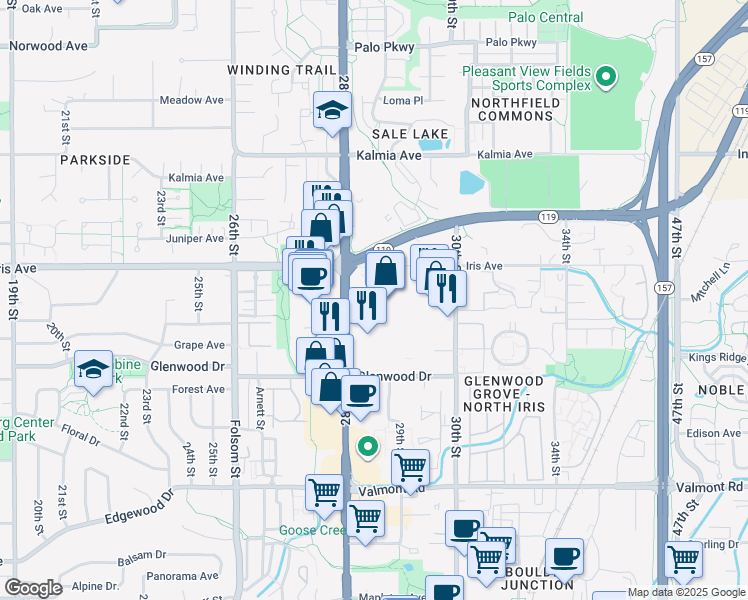 map of restaurants, bars, coffee shops, grocery stores, and more near 3348 28th Street in Boulder