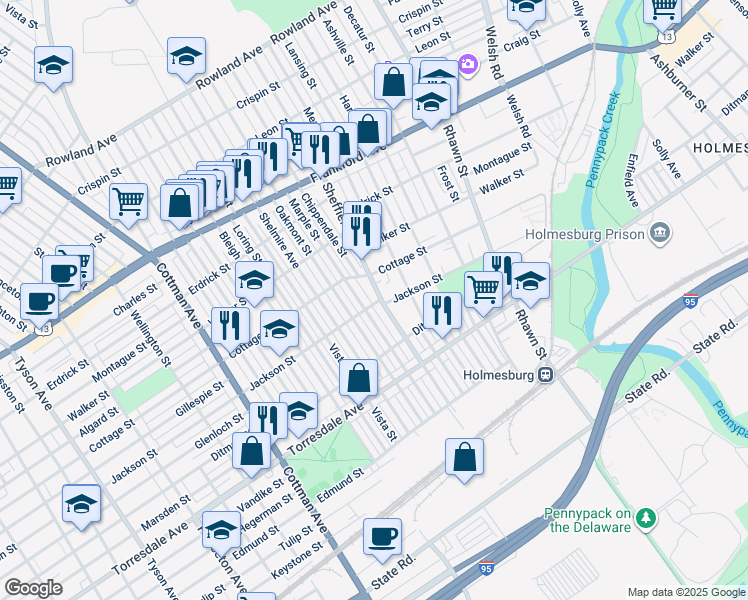 map of restaurants, bars, coffee shops, grocery stores, and more near 4426 Sheffield Avenue in Philadelphia