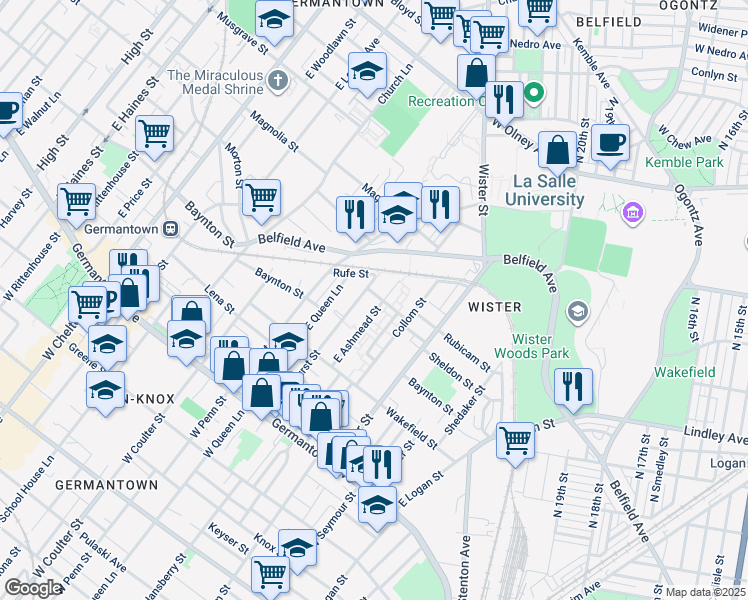 map of restaurants, bars, coffee shops, grocery stores, and more near 5206 Rubicam Street in Philadelphia