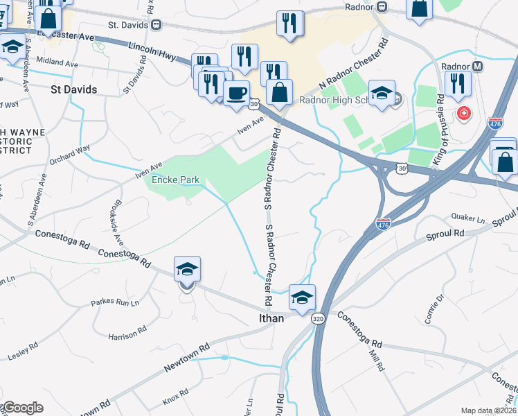 map of restaurants, bars, coffee shops, grocery stores, and more near 216 South Radnor Chester Road in Villanova