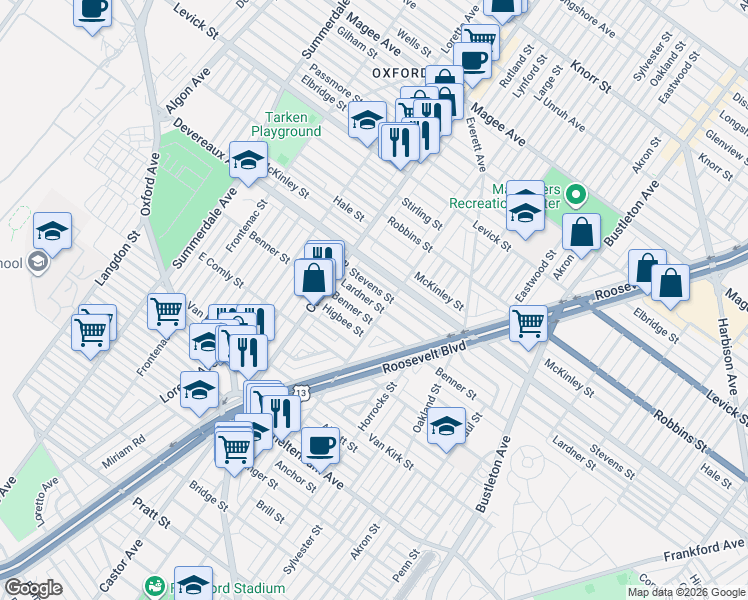 map of restaurants, bars, coffee shops, grocery stores, and more near 1447 Benner Street in Philadelphia
