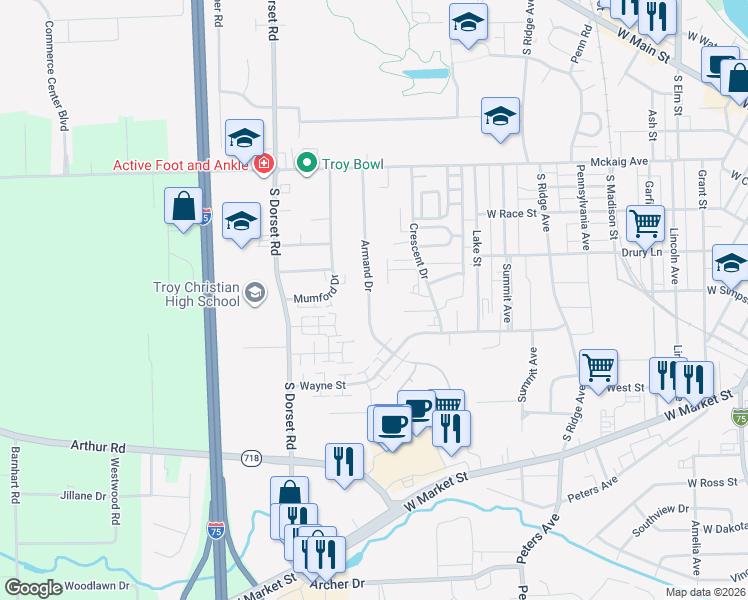 map of restaurants, bars, coffee shops, grocery stores, and more near 560 Armand Drive in Troy