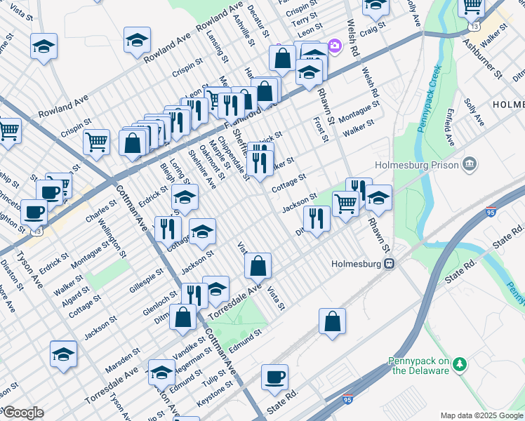 map of restaurants, bars, coffee shops, grocery stores, and more near 4431 Marple Street in Philadelphia
