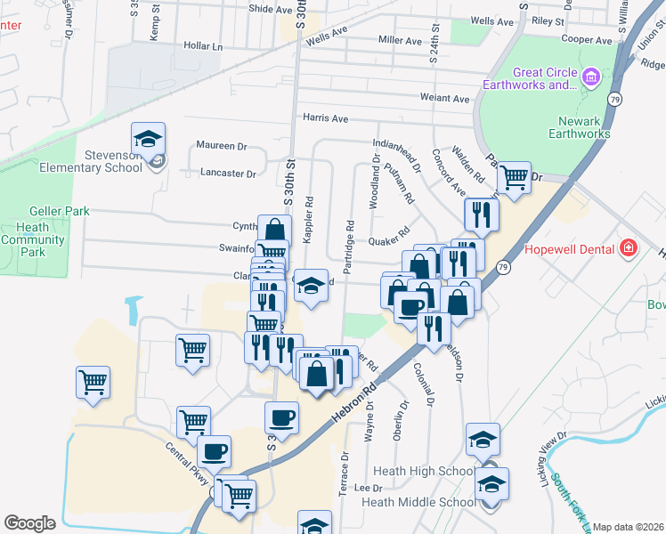 map of restaurants, bars, coffee shops, grocery stores, and more near 631 Partridge Road in Heath