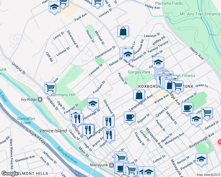 map of restaurants, bars, coffee shops, grocery stores, and more near 340 Gates Street in Philadelphia