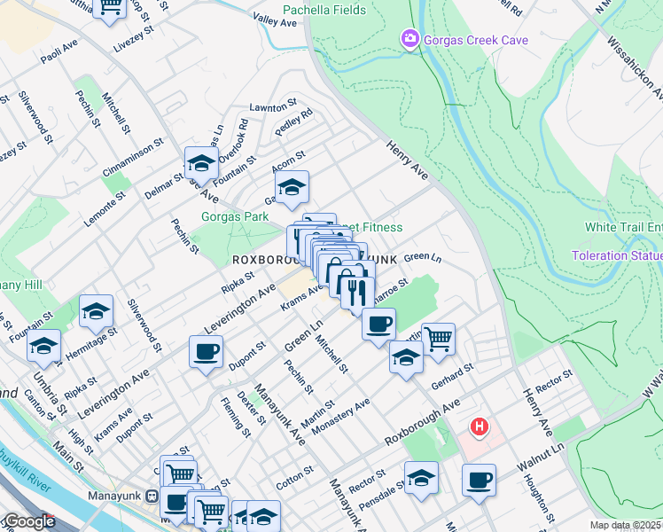 map of restaurants, bars, coffee shops, grocery stores, and more near 6157 Ridge Avenue in Philadelphia