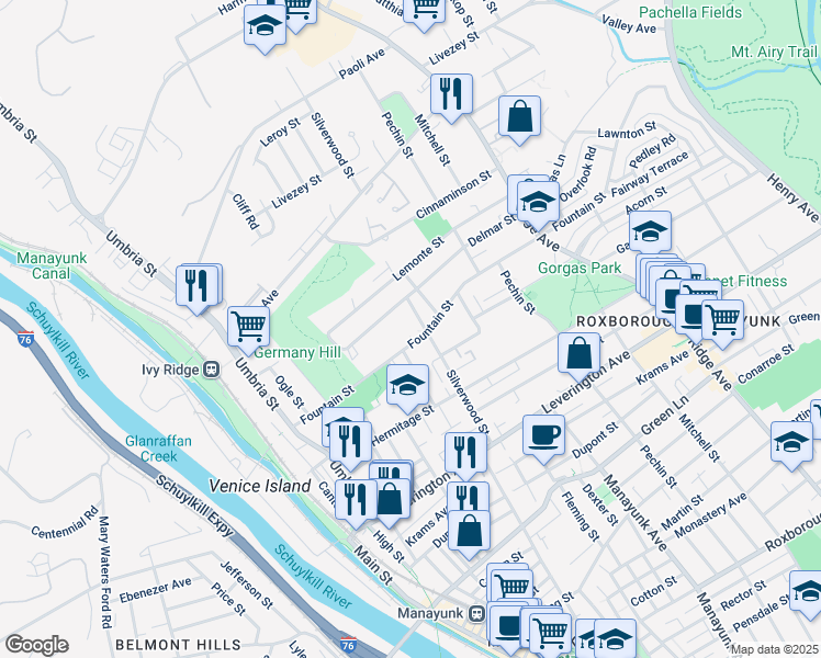 map of restaurants, bars, coffee shops, grocery stores, and more near 4812 Silverwood Street in Philadelphia