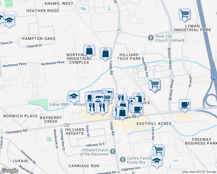 map of restaurants, bars, coffee shops, grocery stores, and more near 4073 Leap Road in Hilliard