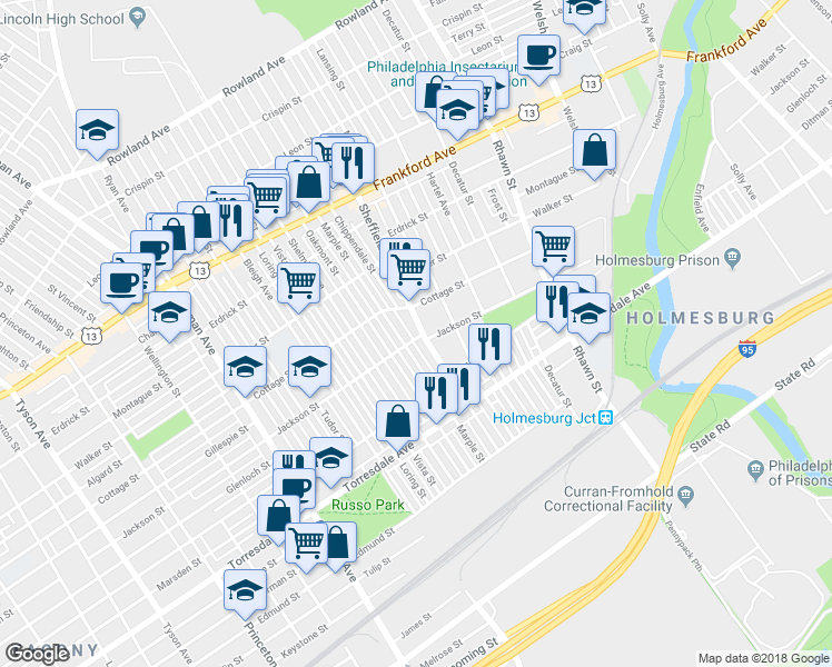 map of restaurants, bars, coffee shops, grocery stores, and more near 4426 Sheffield Avenue in Philadelphia