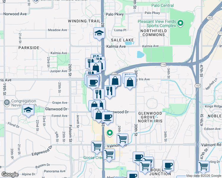 map of restaurants, bars, coffee shops, grocery stores, and more near 3348 28th Street in Boulder
