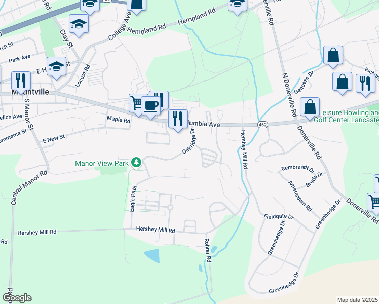 map of restaurants, bars, coffee shops, grocery stores, and more near 210 Oakridge Drive in Mountville