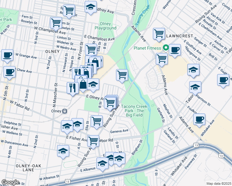 map of restaurants, bars, coffee shops, grocery stores, and more near 5628 Arbor Street in Philadelphia