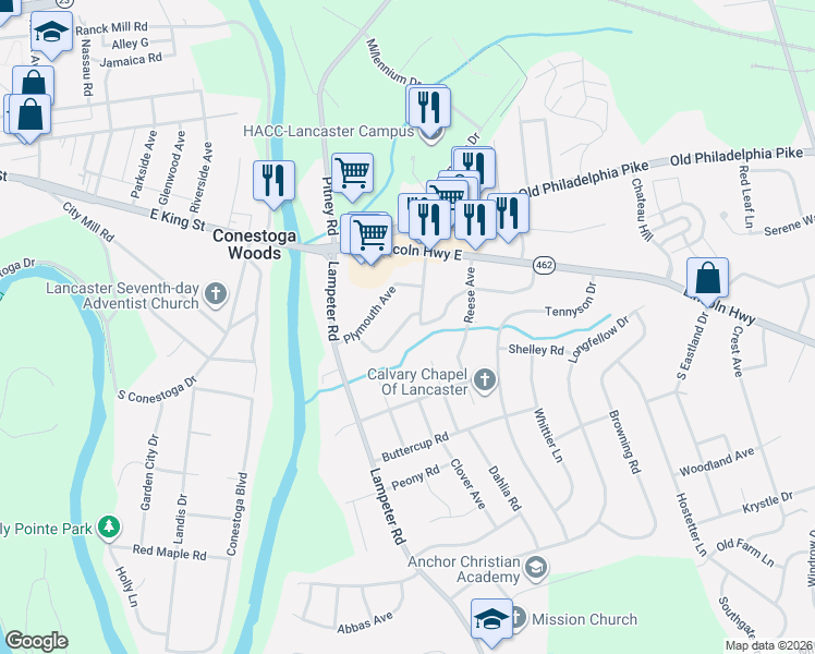 map of restaurants, bars, coffee shops, grocery stores, and more near 8 Meadowview Avenue in Lancaster