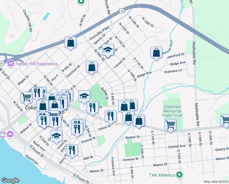 map of restaurants, bars, coffee shops, grocery stores, and more near 117 S 8th St in Columbia