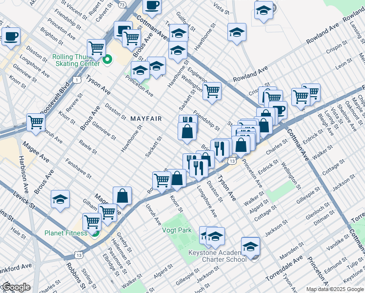 map of restaurants, bars, coffee shops, grocery stores, and more near Tyson Ave & Rowland Ave in Philadelphia