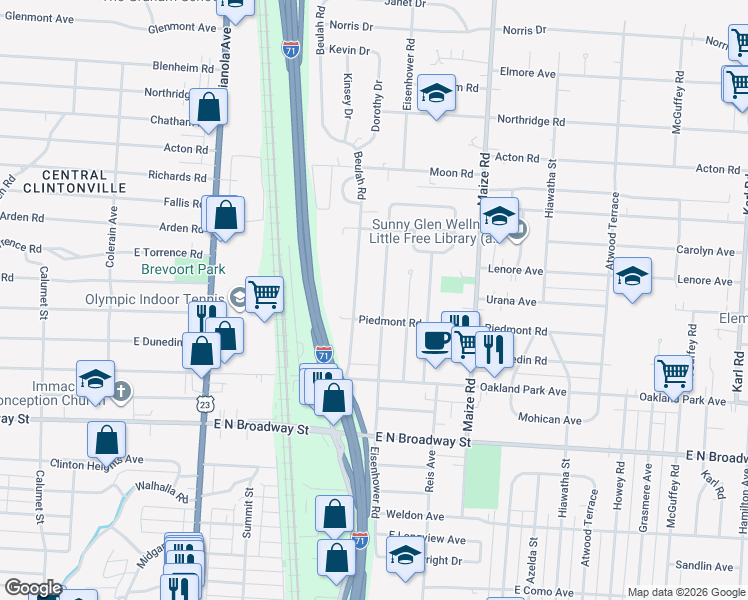 map of restaurants, bars, coffee shops, grocery stores, and more near 3433 Eisenhower Road in Columbus