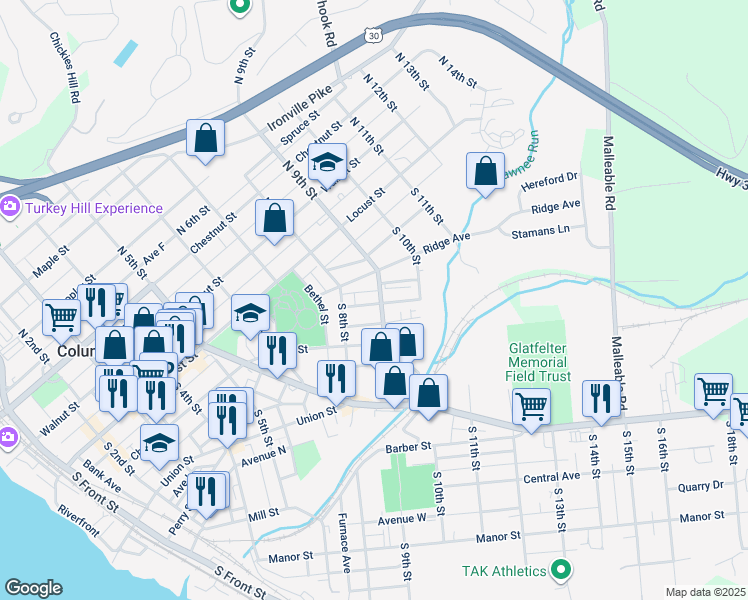 map of restaurants, bars, coffee shops, grocery stores, and more near 841 Houston Street in Columbia