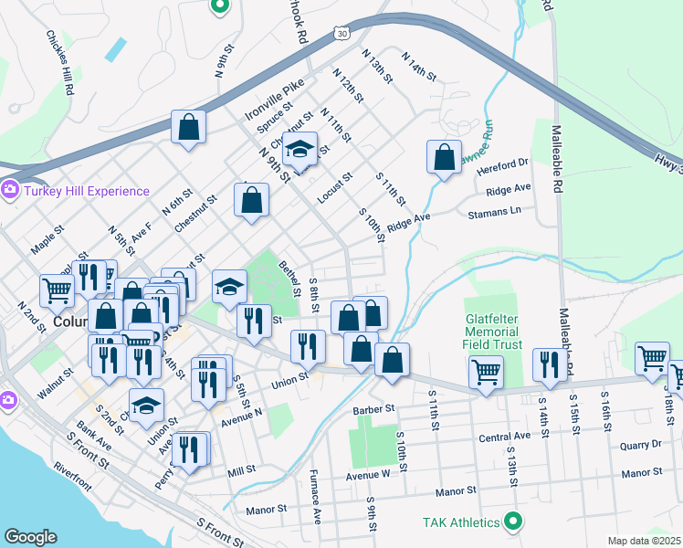 map of restaurants, bars, coffee shops, grocery stores, and more near 839 Houston Street in Columbia