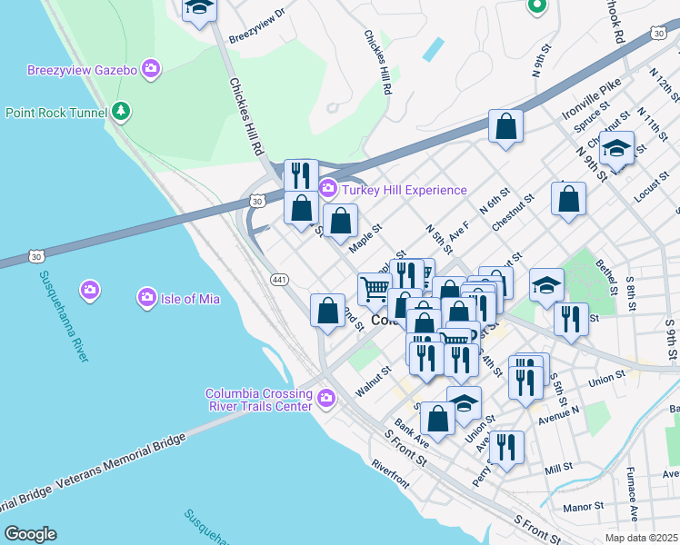 map of restaurants, bars, coffee shops, grocery stores, and more near 230 Maple Street in Columbia