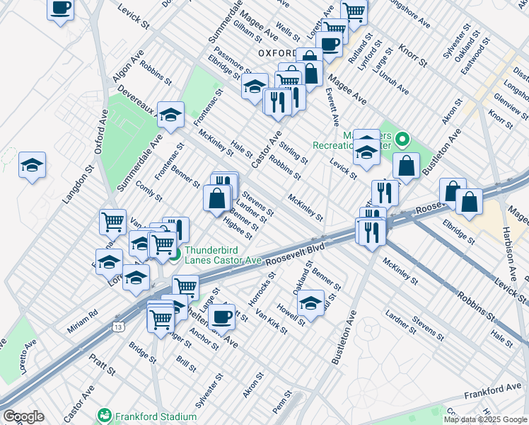 map of restaurants, bars, coffee shops, grocery stores, and more near 1468 Stevens Street in Philadelphia
