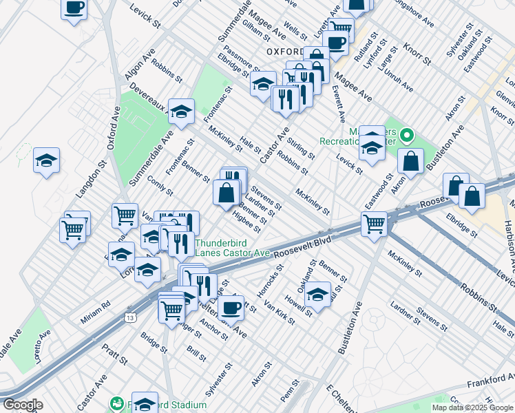 map of restaurants, bars, coffee shops, grocery stores, and more near 1442 Lardner Street in Philadelphia