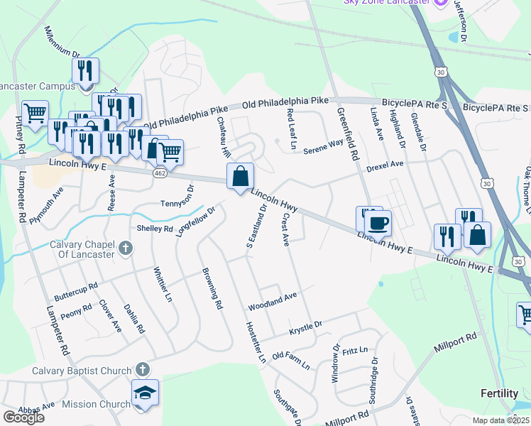 map of restaurants, bars, coffee shops, grocery stores, and more near 9 South Eastland Drive in Lancaster