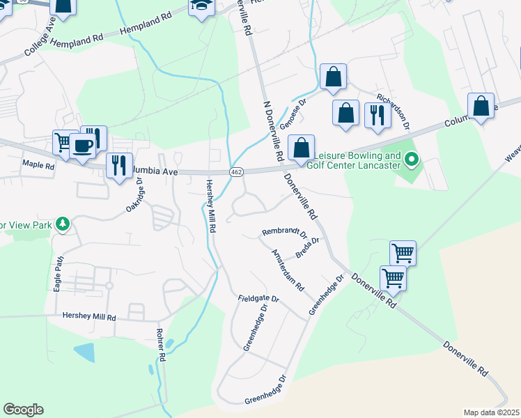 map of restaurants, bars, coffee shops, grocery stores, and more near 138 Hampden Drive in Mountville