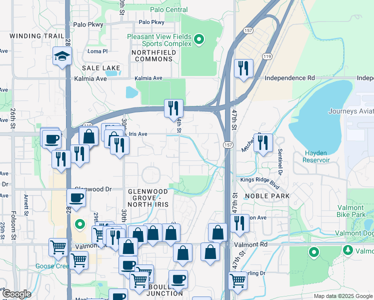 map of restaurants, bars, coffee shops, grocery stores, and more near 3360 34th Street in Boulder