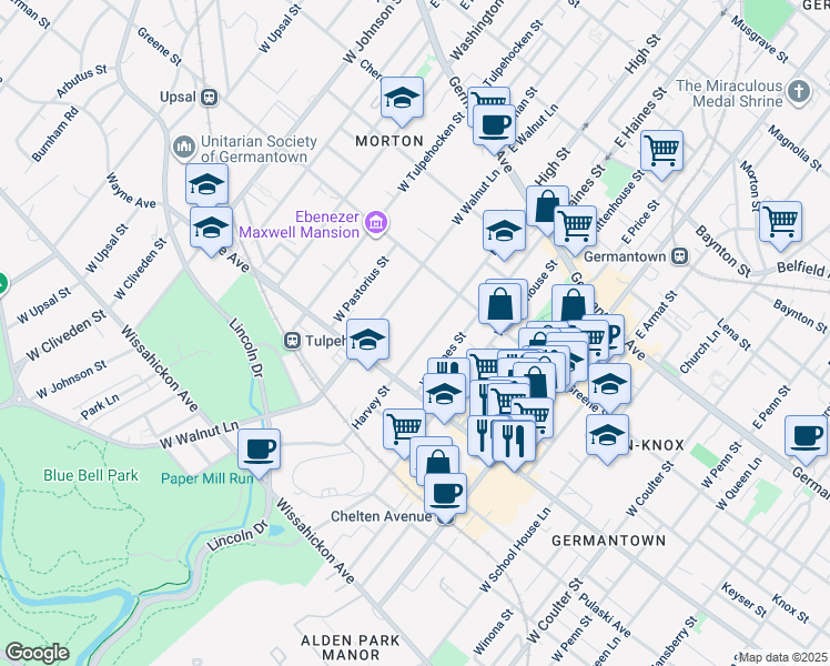 map of restaurants, bars, coffee shops, grocery stores, and more near 256 Harvey Street in Philadelphia