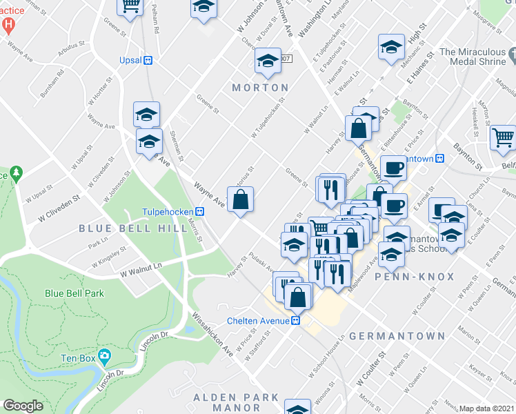 map of restaurants, bars, coffee shops, grocery stores, and more near 6015 Wayne Avenue in Philadelphia