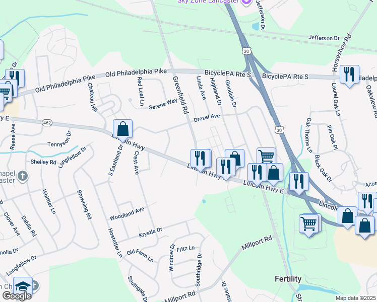 map of restaurants, bars, coffee shops, grocery stores, and more near 1865 Lincoln Highway East in Lancaster