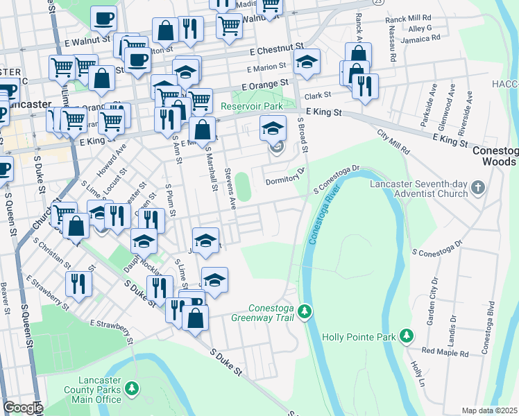map of restaurants, bars, coffee shops, grocery stores, and more near 655 Clermont Avenue in Lancaster