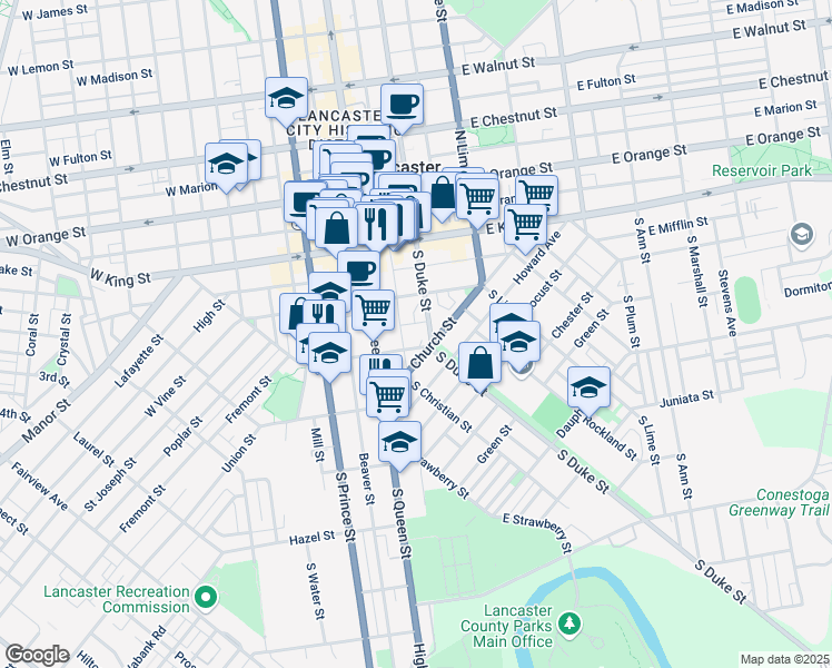 map of restaurants, bars, coffee shops, grocery stores, and more near 36 1/2 East Farnum Street in Lancaster