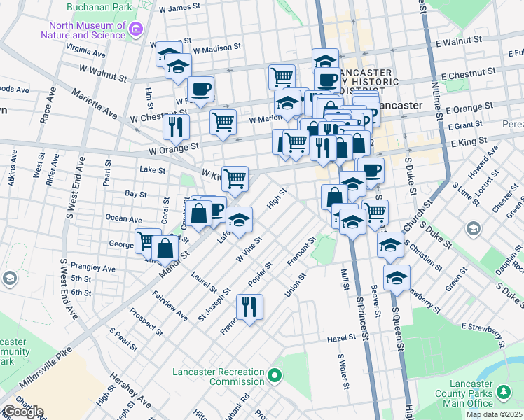 map of restaurants, bars, coffee shops, grocery stores, and more near 470 High Street in Lancaster