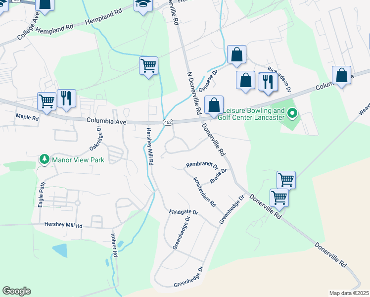 map of restaurants, bars, coffee shops, grocery stores, and more near 135 Hampden Drive in Mountville