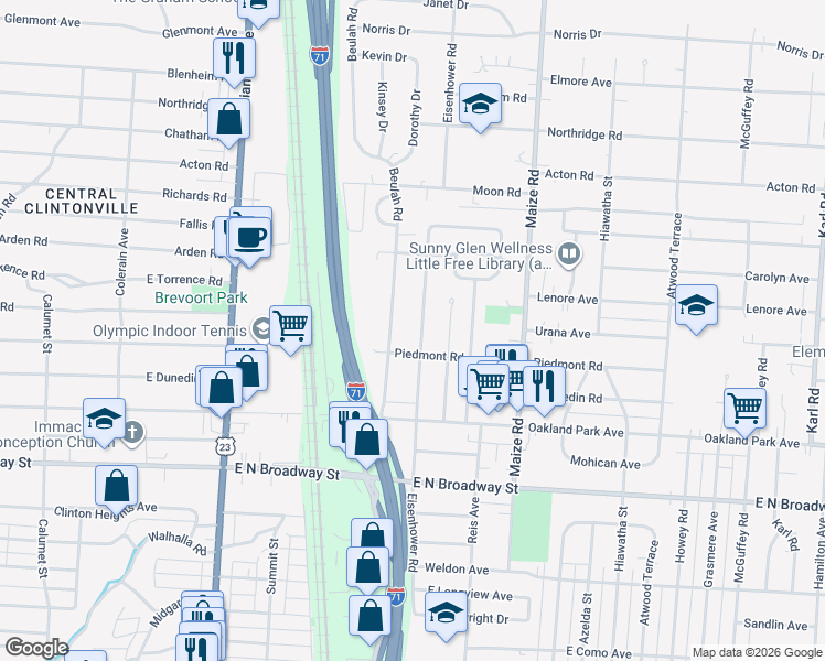 map of restaurants, bars, coffee shops, grocery stores, and more near 3433 Eisenhower Road in Columbus