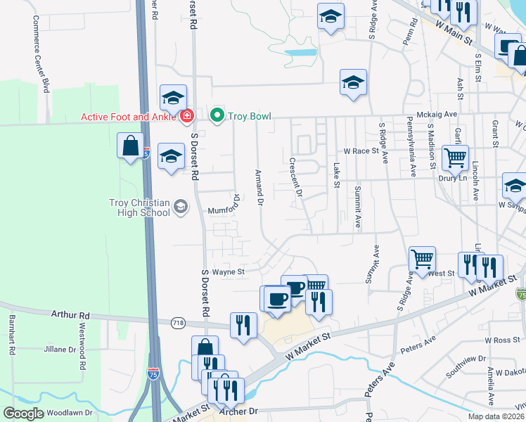 map of restaurants, bars, coffee shops, grocery stores, and more near 560 Armand Drive in Troy