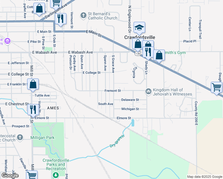map of restaurants, bars, coffee shops, grocery stores, and more near 705 South Grace Avenue in Crawfordsville