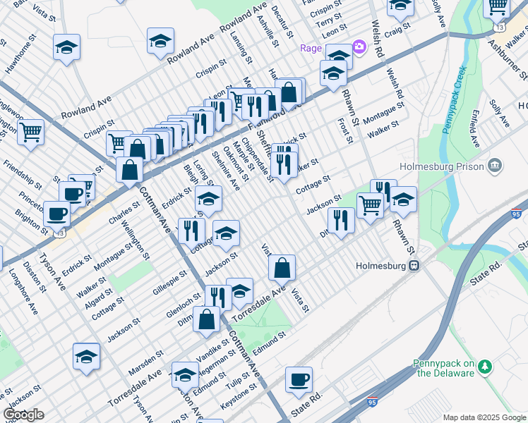 map of restaurants, bars, coffee shops, grocery stores, and more near 4408 Oakmont Street in Philadelphia